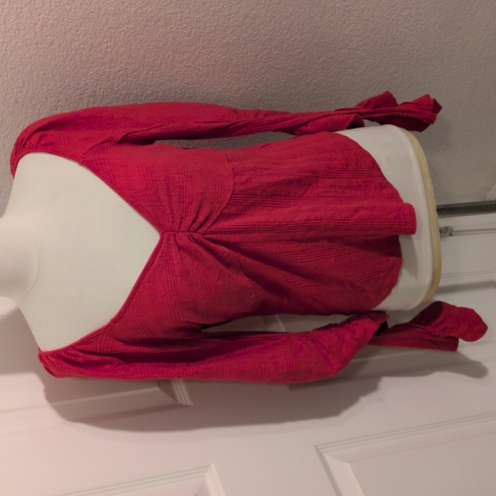 ✅Anthropologie Pilcro Red Ruched Ruffled Blouse Large Anthro Romantic coquette
